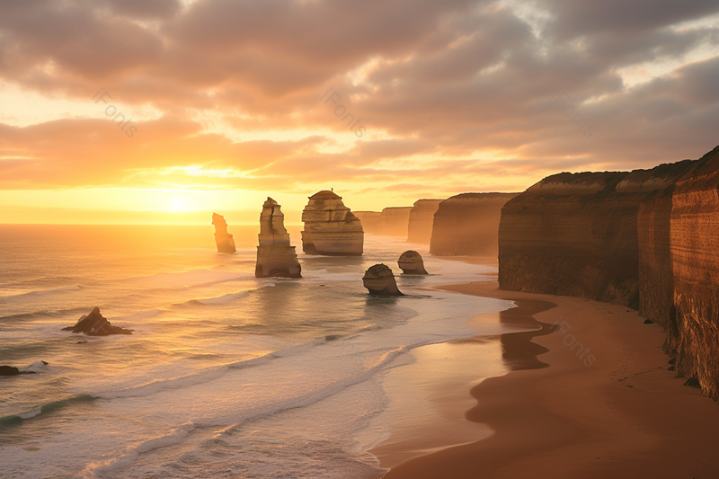 美丽夕阳下的海边沙滩和礁石,高清,摄影图,摄影图片,图片大全,摄影图免费下载